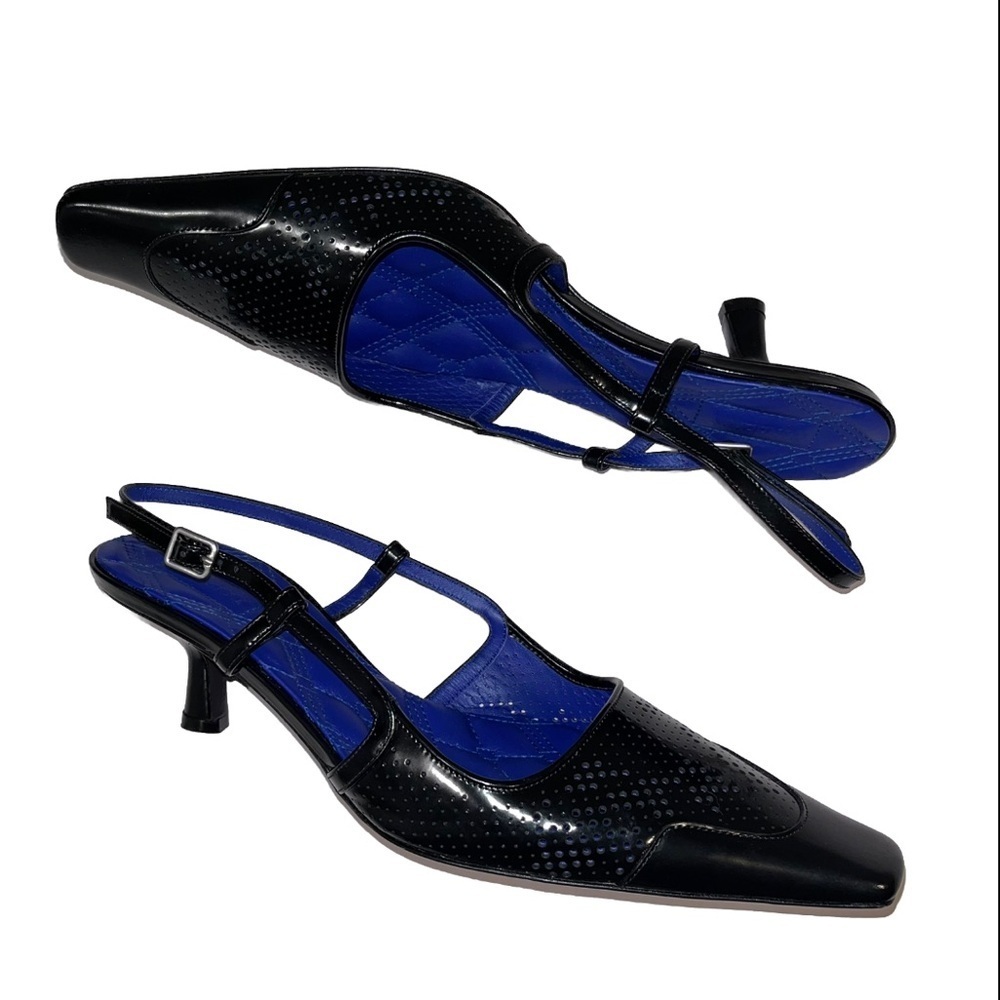 Burberry Chisel Slingback Kitten Heels Black Perforated Leather Preppy EU38 US8 - Picture 5 of 11